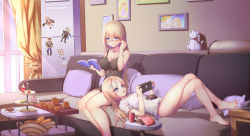 Rule 34 | 2girls, absurdres, ass, bad id, bad pixiv id, bare arms, bare legs, bare shoulders, barefoot, blonde hair, blue eyes, blush, book, breasts, brown dress, can, character request, cleavage, closed mouth, commentary request, cookie, couch, curtains, day, dress, covered erect nipples, food, food in mouth, glasses, hair ornament, hairclip, handheld game console, highres, holding, holding book, holding handheld game console, indoors, lap pillow, large breasts, lexington (warship girls r), long hair, lying, mouth hold, multiple girls, on back, on couch, open book, panties, photo (object), picture frame, pillow, pocket, ray (pixiv9514208), red-framed eyewear, saratoga (warship girls r), see-through, semi-rimless eyewear, shirt, short sleeves, small breasts, smile, sunlight, sweets, tiered tray, under-rim eyewear, underwear, very long hair, warship girls r, white panties, white shirt