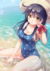 Rule 34 | 10s, 1girl, ahoge, bare arms, bare legs, bare shoulders, barefoot, blue bow, blue hair, blush, bow, breasts, cleavage, collarbone, emilion, eyebrows, gradient hair, hand up, hat, kantai collection, large breasts, long hair, looking at viewer, multicolored hair, one-piece swimsuit, open mouth, partially submerged, polka dot, polka dot swimsuit, scrunchie, sideboob, sitting, smile, solo, straw hat, swimsuit, ushio (kancolle), wariza, water, wet, wrist scrunchie, yellow eyes