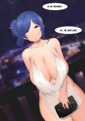 Rule 34 | 1girl, arm behind back, azur lane, backless dress, backless outfit, bag, bare shoulders, blue hair, breasts, cleavage, collarbone, curvy, dress, dutch angle, evening gown, grey dress, halter dress, halterneck, handbag, highres, large breasts, looking at viewer, moebell, navel, netorare, night, night sky, outdoors, plunging neckline, railing, red eyes, revealing clothes, side ponytail, sidelocks, silver dress, sky, solo, speech bubble, st. louis (azur lane), st. louis (luxurious wheels) (azur lane), standing, swept bangs, thighs