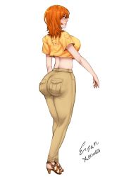 Rule 34 | 1girl, absurdres, artist name, ass, ass focus, blush, breasts, esan, esan (llamaesan), from side, highres, huge ass, large breasts, long hair, nami (one piece), one piece, orange eyes, orange hair, pants, sandals, shirt, sideboob, signature, simple background, smile, solo, tight clothes, tight pants, white background