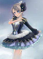 Rule 34 | 1girl, alternate hairstyle, blush, capelet, dress, feather hair ornament, feathers, fur trim, grey hair, hair bun, hair ornament, hair up, headdress, light blush, long sleeves, love live!, love live! sunshine!!, night, rippe, single hair bun, smile, solo, watanabe you, water blue new world
