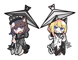 Rule 34 | 2girls, animal ears, bare legs, black choker, black coat, black footwear, black headwear, black hood, black raincoat, black skirt, black sleeves, black umbrella, blonde hair, blunt bangs, blush stickers, brown hair, buttons, cat ears, character request, choker, coat, collared dress, copyright request, dress, ear covers, eyelashes, fang, full body, grey dress, grey sweater, grin, hat, holding, holding umbrella, hood, hood down, hooded coat, long hair, long sleeves, medium hair, miniskirt, multiple girls, open mouth, ponytail, purple eyes, raincoat, shoes, short dress, simple background, single ear cover, skirt, smile, sneakers, sweater, sweater dress, sweater skirt, terada tera, top hat, triangle print, turtleneck, turtleneck sweater, umbrella, v-shaped eyebrows, white background, white coat, white hood, white raincoat, white sleeves, white umbrella, wide sleeves