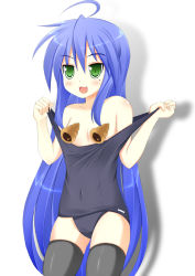 Rule 34 | 00s, 1girl, ahoge, blue hair, blush, breasts, censored, chocolate cornet, flat chest, food, green eyes, izumi konata, long hair, lucky star, mole, mole under eye, censored nipples, one-piece swimsuit, open mouth, school swimsuit, shio, solo, swimsuit, thighhighs, undressing