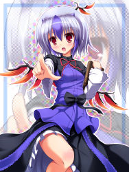 Rule 34 | 1girl, :o, blue hair, blush, book, dress, female focus, head wings, highres, horns, liya, looking at viewer, open mouth, pointing, pointing at viewer, red eyes, short hair, silver hair, solo, tokiko (touhou), touhou, wings