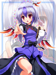 1girl :o blue_hair blush book dress female_focus head_wings highres horns liya looking_at_viewer open_mouth pointing pointing_at_viewer red_eyes short_hair silver_hair solo tokiko_(touhou) touhou wings