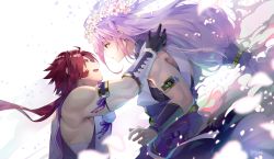 Rule 34 | 2boys, black gloves, eye contact, flower, gloves, head wreath, highres, imminent hug, japanese clothes, light purple hair, long hair, long sideburns, looking at another, low-tied long hair, male focus, multiple boys, nyagi, open mouth, petals, ponytail, red hair, sengo muramasa (touken ranbu), sideburns, smile, tonbokiri (touken ranbu), touken ranbu, twitter username, yellow eyes