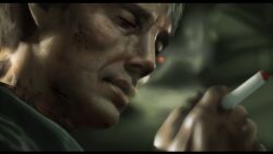 Rule 34 | 1boy, between fingers, blurry, blurry background, cigarette, closed eyes, commentary request, death stranding, depth of field, derivative work, grey hair, hand up, holding, holding cigarette, kuro kosyou, letterboxed, mads mikkelsen, male focus, parted lips, portrait, smoke, smoking, solo