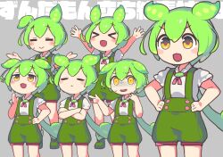 Rule 34 | &gt; &lt;, 1girl, :&gt;, :&lt;, animal ears, blush, blush stickers, chibi, closed eyes, crossed arms, finger gun, green hair, green shorts, green suspenders, grey background, hand on own hip, hand on own shoulder, hand up, hands up, low ponytail, multiple views, open mouth, puffy short sleeves, puffy sleeves, sakamoto ahiru, shaded face, shirt, short hair, short sleeves, shorts, shrugging, smile, suspender shorts, suspenders, text background, voiceroid, voicevox, white shirt, yellow eyes, zundamon