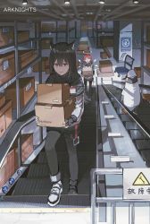 Rule 34 | &gt; &lt;, animal, animal ears, arknights, bad id, bad twitter id, bird, black hair, black legwear, box, brown eyes, cardboard box, carrying, copyright name, energy wings, escalator, exusiai (arknights), fingerless gloves, gloves, halo, highres, holding, holding box, id card, jacket, lamp, lococo:p, pantyhose, penguin, penguin logistics (arknights), penguin logistics logo, red hair, shadow, shoes, sign, texas (arknights), the emperor (arknights), warehouse, wavy mouth, white footwear, white jacket, wolf ears