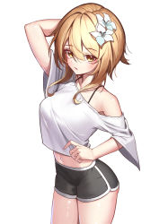 Rule 34 | 1girl, absurdres, arm behind head, bare shoulders, black shorts, blonde hair, bra strap, breasts, casual, collarbone, cowboy shot, crop top, crop top overhang, flower, from above, genshin impact, hair between eyes, hair flower, hair ornament, highres, iznal, looking at viewer, lumine (genshin impact), medium breasts, medium hair, midriff, navel, off-shoulder shirt, off shoulder, open mouth, see-through silhouette, shirt, short shorts, short sleeves, shorts, sidelocks, simple background, solo, swept bangs, thighs, tsurime, upturned eyes, white background, white shirt, wide sleeves, yellow eyes