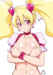 Rule 34 | 00s, 1girl, blonde hair, blush, breasts, choker, covering privates, covering breasts, cure peach, earrings, eyelashes, fresh precure!, hair ornament, happy, heart, heart hair ornament, jabara tornado, jewelry, large breasts, long hair, looking at viewer, magical girl, momozono love, navel, pink eyes, precure, simple background, smile, solo, twintails, white background, wrist cuffs