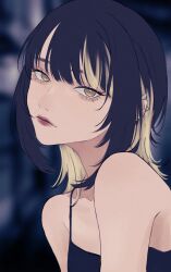 Rule 34 | 1girl, aegyo sal, bare shoulders, black camisole, black hair, blonde hair, blurry, blurry background, camisole, collarbone, ear piercing, earrings, highres, idolmaster, idolmaster shiny colors, ikaruga luca, inase (1na1000), jewelry, lips, looking at viewer, looking to the side, multicolored hair, parted lips, piercing, solo, streaked hair, upper body, yellow eyes