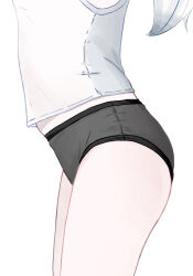 Rule 34 | 1girl, black panties, close-up, feet out of frame, from side, grey hair, head out of frame, highres, long hair, lower body, nicora, original, panties, shirt, simple background, sleeveless, solo, thighs, underwear, white background, white shirt