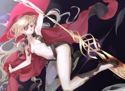 Rule 34 | 1girl, arm up, armpits, bare arms, black footwear, blonde hair, breasts, cape, clothing cutout, diagonal stripes, expressionless, eyepatch, full body, galaxy, green eyes, hat, high heels, holding, holding cape, holding clothes, holding polearm, holding weapon, lance, long hair, navel, open mouth, othinus, polearm, red cape, revealing clothes, signature, small breasts, solo focus, star (symbol), starry background, stomach, striped, tautiki, thighs, toaru majutsu no index, weapon, witch hat
