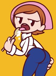 Rule 34 | 1girl, ass, batter, black eyes, blue pants, breasts, brown hair, collared shirt, cooking mama, cowboy shot, female focus, flat color, from behind, half-closed eyes, hand up, hat, holding, holding spoon, jaggy lines, jitome, leaning forward, licking, long sleeves, looking at viewer, looking back, mama (cooking mama), open mouth, orange background, pants, pink hat, sexually suggestive, shirt, short hair, simple background, small breasts, solo, spoon, standing, swept bangs, tongue, tongue out, vilepluff, white shirt, wooden spoon