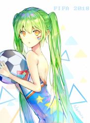 Rule 34 | 1girl, 2018 fifa world cup, american football (object), backless dress, backless outfit, bad id, bad pixiv id, ball, dress, from side, green hair, hair between eyes, hatsune miku, holding, holding ball, leaning forward, long hair, looking at viewer, nmi (pixiv22137230), open mouth, print dress, simple background, sleeveless, sleeveless dress, soccer, soccer ball, solo, standing, star (symbol), star print, strapless, strapless dress, twintails, upper body, very long hair, vocaloid, white background, world cup, yellow eyes