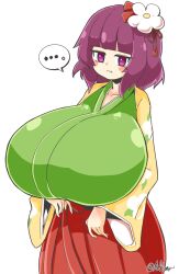 Rule 34 | ..., 1girl, ayazumi flutter, breasts, female focus, flower, gigantic breasts, green kimono, hair flower, hair ornament, hieda no akyuu, japanese clothes, kimono, looking at viewer, matching hair/eyes, pout, purple eyes, purple hair, shiny skin, short hair, solo, standing, touhou, white background, white flower, wide sleeves
