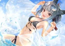 Rule 34 | 1girl, :d, animal ears, arm up, armpits, azur lane, bare arms, bare shoulders, bikini, black bikini, breasts, brown eyes, day, extra ears, eyewear on head, front-tie bikini top, front-tie top, grey hair, groin, hair ornament, hand up, long hair, looking at viewer, madotsukumo, medium breasts, navel, open mouth, outdoors, ponytail, sarong, see-through, side-tie bikini bottom, sidelocks, smile, solo, stomach, string bikini, sunglasses, suzutsuki (azur lane), suzutsuki (beachside attendant!) (azur lane), swimsuit, tassel, thigh strap, thighs, water, wet