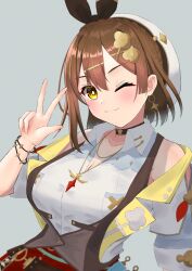 Rule 34 | 1girl, atelier (series), atelier ryza, atelier ryza 3, bob cut, breast pocket, breasts, brown hair, brown vest, choker, cleavage, clover hair ornament, collared shirt, commentary, dangle earrings, detached sleeves, earrings, hair between eyes, hair ornament, highres, jewelry, large breasts, multiple bracelets, mvvy2832, necklace, one eye closed, pocket, red shorts, reisalin stout, shirt, short hair, short shorts, short sleeves, shorts, solo, star (symbol), star choker, vest, w, white headwear, yellow eyes