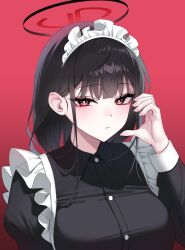 Rule 34 | 1girl, absurdres, alternate costume, apron, black dress, black hair, blue archive, blush, breasts, bright pupils, dress, enmaided, fingernails, half-heart hands, halo, highres, large breasts, looking at viewer, maid, maid headdress, raki kr, red background, red eyes, ringed eyes, rio (blue archive), simple background, solo, upper body, white apron, white pupils