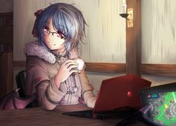 Rule 34 | 1girl, bat wings, bespectacled, blue hair, capelet, coat, computer, contemporary, cup, flandre scarlet, freeze-ex, glasses, hair ribbon, laptop, league of legends, low wings, mini wings, over-rim eyewear, playing games, red-framed eyewear, red eyes, remilia scarlet, ribbon, semi-rimless eyewear, short hair, smile, solo focus, teacup, touhou, vampire, wings