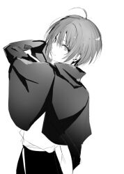 Rule 34 | 1girl, ahoge, from behind, greyscale, hair between eyes, jacket, looking at viewer, looking back, lpip, monochrome, original, pants, parted lips, shirt, simple background, solo, white background