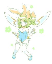 Rule 34 | 1girl, animal ears, bare shoulders, blue eyes, blush, bow, bowtie, breasts, cleavage, daiyousei, detached collar, fairy wings, green hair, hair bow, hair ornament, hairclip, large breasts, leotard, mary janes, mitsumoto jouji, playboy bunny, pointy ears, rabbit ears, rabbit tail, shoes, short hair, side ponytail, sketch, solo, tail, thighhighs, touhou, white thighhighs, wings, wrist cuffs