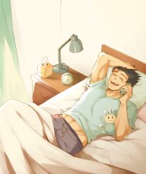 Rule 34 | 1boy, abs, ace attorney, bed, bed sheet, black hair, blush, cellphone, clock, closed eyes, curtains, desk, facial hair, feet out of frame, hand on own head, happy, highres, hiluta, lamp, lying, male focus, manly, mature male, muscular, muscular male, on back, open mouth, pants, pectorals, phoenix wright, phoenix wright: ace attorney, phone, pillow, shirt, short hair, solo, spiked hair, stubble, stuffed toy, t-shirt, talking, teeth, tissue, tissue box, tongue, window