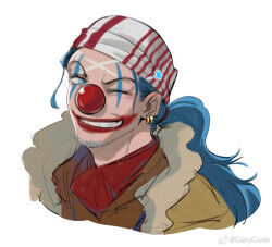 Rule 34 | 1boy, blue hair, buggy the clown, clown nose, cropped torso, earrings, facial hair, goatee stubble, grin, highres, jewelry, long hair, looking at viewer, makeup, male focus, mcbuckwheat, one eye closed, one piece, one piece (live action), red nose, smile, solo, stubble, unfinished, v-shaped eyebrows
