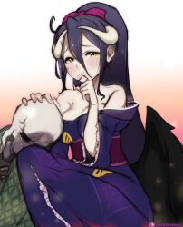 Rule 34 | 1boy, 1girl, ainz ooal gown, albedo (overlord), alternate costume, bare shoulders, black hair, black wings, blush, breasts, cleavage, frilled kimono, frills, hair between eyes, hand up, highres, horns, japanese clothes, kimono, large breasts, lewdishsnail, long hair, overlord (maruyama), ponytail, purple kimono, sad, simple background, skull, tears, wings