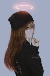 Rule 34 | 1girl, aoi ogata, artist name, beanie, black choker, black hat, black hoodie, brown hair, choker, clip studio paint (medium), closed mouth, clothes writing, commentary, commission, english commentary, from behind, green eyes, green nails, grey background, hair between eyes, halo, hand up, hat, highres, hood, hood down, hoodie, long sleeves, looking at viewer, looking back, nail polish, original, puffy long sleeves, puffy sleeves, red lips, simple background, sleeves past wrists, smile, solo