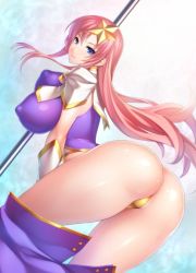 Rule 34 | 1girl, arched back, ass, bent over, blue eyes, blush, bouncing breasts, breasts, breasts apart, commentary request, covered erect nipples, dutch angle, gloves, gundam, gundam seed, gundam seed destiny, hair ornament, highleg, highleg leotard, large breasts, leotard, long hair, looking at viewer, looking back, meer campbell, pink hair, pole, puffy areolae, purple leotard, rindou (radical dream), shiny clothes, shiny skin, skin tight, skirt, smile, solo, star (symbol), star hair ornament, thong leotard