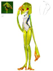 Rule 34 | 1girl, ass, breasts, colored sclera, colored skin, female focus, frog girl, full body, green hair, green skin, monster girl, multicolored skin, my700, nude, original, red sclera, reference photo, shiny skin, simple background, small breasts, solo, standing, tail, white background, white skin