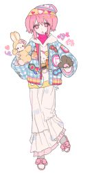 Rule 34 | 1girl, alternate costume, animal hands, animal print, beanie, bear print, beige hoodie, beige skirt, blue jacket, cat paws, colorful, commentary, empty eyes, expressionless, flat chest, full body, hair between eyes, half-closed eyes, hat, heart, heart print, hello kitty, hello kitty (character), holding, holding stuffed toy, hood, hood down, hoodie, jacket, kaname madoka, layered skirt, long skirt, looking at viewer, mahou shoujo madoka magica, mahou shoujo madoka magica (anime), open clothes, open jacket, parted lips, pink eyes, pink footwear, pink hair, pink ribbon, plaid, plaid jacket, ribbon, sandals, sanrio, short twintails, simple background, skirt, socks, solo, standing, standing on one leg, star (symbol), star print, sticker, striped clothes, striped headwear, stuffed animal, stuffed rabbit, stuffed toy, symbol-only commentary, turtleneck, twintails, u emper, white background