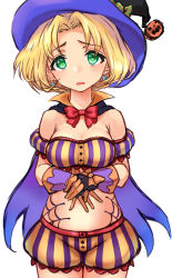 Rule 34 | 1girl, alternate costume, bare shoulders, blonde hair, bloomers, bow, bowtie, breasts, cape, cecilia lynne adelhyde, cleavage, cowboy shot, earrings, gloves, green eyes, halloween, hat, highres, jewelry, looking at viewer, medium breasts, midriff, multicolored clothes, multicolored gloves, nyantiu, open mouth, parted bangs, popped collar, purple cape, raised eyebrows, red bow, short hair, silk, simple background, solo, spider web, standing, striped, underwear, vertical stripes, white background, wild arms, wild arms 1, witch hat
