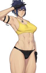 Rule 34 | 1girl, abs, absurdres, arm up, armband, armpits, black gloves, blue hair, breasts, cameltoe, cleavage, closed mouth, collarbone, covered erect nipples, dog tags, earrings, gloves, hair between eyes, highres, jewelry, leona heidern, long hair, muscular, muscular female, nidhoggn, pink pupils, ponytail, purple eyes, salute, signature, simple background, solo, the king of fighters, the king of fighters xv, triangle earrings, white background