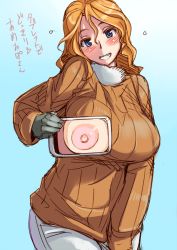 Rule 34 | 1girl, american oppai-san, blonde hair, blue eyes, blush, breasts, gloves, grin, large breasts, long hair, looking at viewer, naughty face, nipples, original, smile, solo, sweater, tablet pc, translation request, tsuda nanafushi, wavy hair, x-ray, x-ray vision