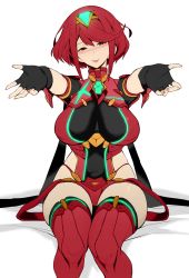 Rule 34 | 1girl, armor, blush, boots, breasts, colorized, fingerless gloves, gem, gloves, hair ornament, hairband, highres, large breasts, messatsu tan, nail polish, nintendo, outstretched arms, pyra (xenoblade), red eyes, red hair, short hair, short shorts, shorts, shoulder armor, sitting, smile, solo, suspenders hanging, swept bangs, thigh boots, thighhighs, third-party edit, tiara, xenoblade chronicles (series), xenoblade chronicles 2