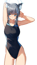 Rule 34 | 1girl, absurdres, animal ear fluff, animal ears, armpits, arms behind head, arms up, black one-piece swimsuit, blue archive, blue eyes, blush, breasts, bright pupils, closed mouth, competition swimsuit, cowboy shot, cross hair ornament, grey hair, hair ornament, halo, highres, looking away, looking to the side, medium breasts, mismatched pupils, one-piece swimsuit, shiroko (blue archive), shiroko (swimsuit) (blue archive), short hair, shouz, sidelocks, simple background, solo, stretching, swimsuit, white background, wolf ears