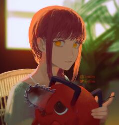 Rule 34 | 1girl, chainsaw man, chair, highres, keibleh, looking at viewer, makima (chainsaw man), monster, nervous, pochita (chainsaw man), pull cord, red hair, sitting, smile, solo, teardrop, twitter logo, window, yellow eyes