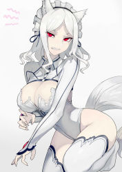 Rule 34 | 1girl, animal ears, boots, breasts, cleavage, clenched teeth, commentary request, dress, fang, fang out, fingernails, glaring, grey background, highres, jacket, leg up, leotard, long fingernails, long sleeves, looking at viewer, maid headdress, medium hair, original, parted bangs, red eyes, sharp fingernails, short eyebrows, shrug (clothing), sidelocks, slit pupils, squiggle, tail, teeth, thighhighs, walzrj, wendy (walzrj), white hair, white jacket, white leotard, white thighhighs, wolf ears, wolf tail
