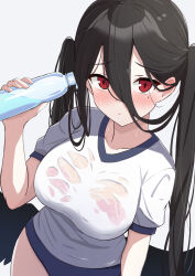Rule 34 | 1girl, amenocchi, black choker, black hair, black wings, blue archive, bottle, breasts, choker, feathered wings, gym shirt, gym shorts, gym uniform, halo, hasumi (blue archive), hasumi (track) (blue archive), highres, holding, holding bottle, huge breasts, large wings, long hair, looking at viewer, low wings, mole, mole under eye, official alternate costume, red eyes, see-through, see-through shirt, shirt, shorts, solo, wet, wet clothes, wet shirt, wings