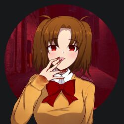 Rule 34 | 1girl, blood, blood on clothes, blood on hands, blush, bow, bowtie, breasts, brown hair, cardigan, chizzy, large breasts, looking at viewer, parted bangs, red bow, red bowtie, red eyes, tongue, tsukihime, tsukihime (remake), yellow cardigan, yumizuka satsuki