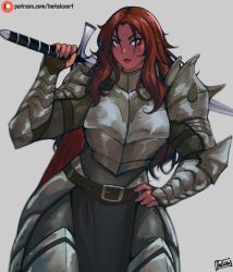 Rule 34 | 1girl, armor, armored boots, batako (batakoart), belt, belt buckle, boots, breastplate, brown belt, brown hair, buckle, cape, chainmail, closed mouth, commentary, cowboy shot, dark-skinned female, dark skin, english commentary, faulds, fingernails, grey background, hand on own hip, highres, holding, holding sword, holding weapon, long hair, looking at viewer, mature female, muscular, muscular female, original, over shoulder, paid reward available, patreon username, pauldrons, pelvic curtain, red cape, shoulder armor, signature, simple background, solo, standing, sword, vambraces, watermark, weapon, weapon over shoulder, web address, yellow eyes