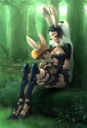 Rule 34 | 00s, 1girl, 3d, animal ears, final fantasy, final fantasy xii, forest, fran (ff12), grass, hat, moogle, nature, noba, outdoors, rabbit ears, revealing clothes, solo, square enix, tree, under tree, viera