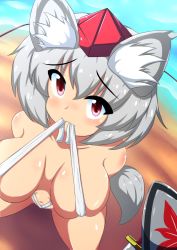 Rule 34 | 1girl, animal ears, blush, breasts, collarbone, convenient censoring, female focus, from above, gradient background, hat, holding, inubashiri momiji, kagayama hajime, large breasts, looking at viewer, navel, nude, red eyes, shield, short hair, silver hair, solo, sword, tail, tokin hat, touhou, weapon, wolf ears, wolf tail