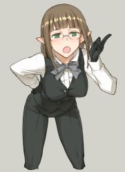 Rule 34 | 10s, 1girl, :o, black gloves, breasts, brown hair, commentary request, cowboy shot, cropped legs, dungeon ni deai wo motomeru no wa machigatteiru darou ka, eina tulle, elf, formal, glasses, gloves, green eyes, grey background, hand on own hip, large breasts, leaning forward, legs apart, pant suit, pants, pointing, pointy ears, shoe-ji, short hair, solo, standing, suit, vest