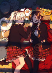 Rule 34 | 2girls, blazer, blush, cape, cheek pinching, chocolate chip cookie, coffee cup, cookie, crossed arms, cup, disposable cup, food, highres, jacket, long hair, lying, multiple girls, neck ribbon, on side, pantyhose, pillow, pinching, plaid, plaid skirt, ponytail, red cape, ribbon, ruby rose, rwby, school uniform, skirt, sleeping, stuffed toy, textbook, tsuta no ha, weiss schnee, white hair