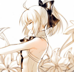 Rule 34 | 1girl, ahoge, artoria pendragon (all), artoria pendragon (fate), black bow, black ribbon, bow, breasts, choker, closed eyes, fate/unlimited codes, fate (series), flower, from side, hair between eyes, hair bow, high ponytail, lily (flower), long hair, neck ribbon, ribbon, saber lily, sideboob, silver hair, small breasts, smile, solo, upper body, white background, white flower, yaoshi jun