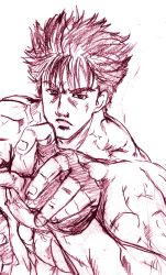 Rule 34 | 1boy, abs, fighting stance, hokuto no ken, kenshiro, male focus, monochrome, muscular, q-gaku, simple background, sketch, solo, spiked hair, topless male